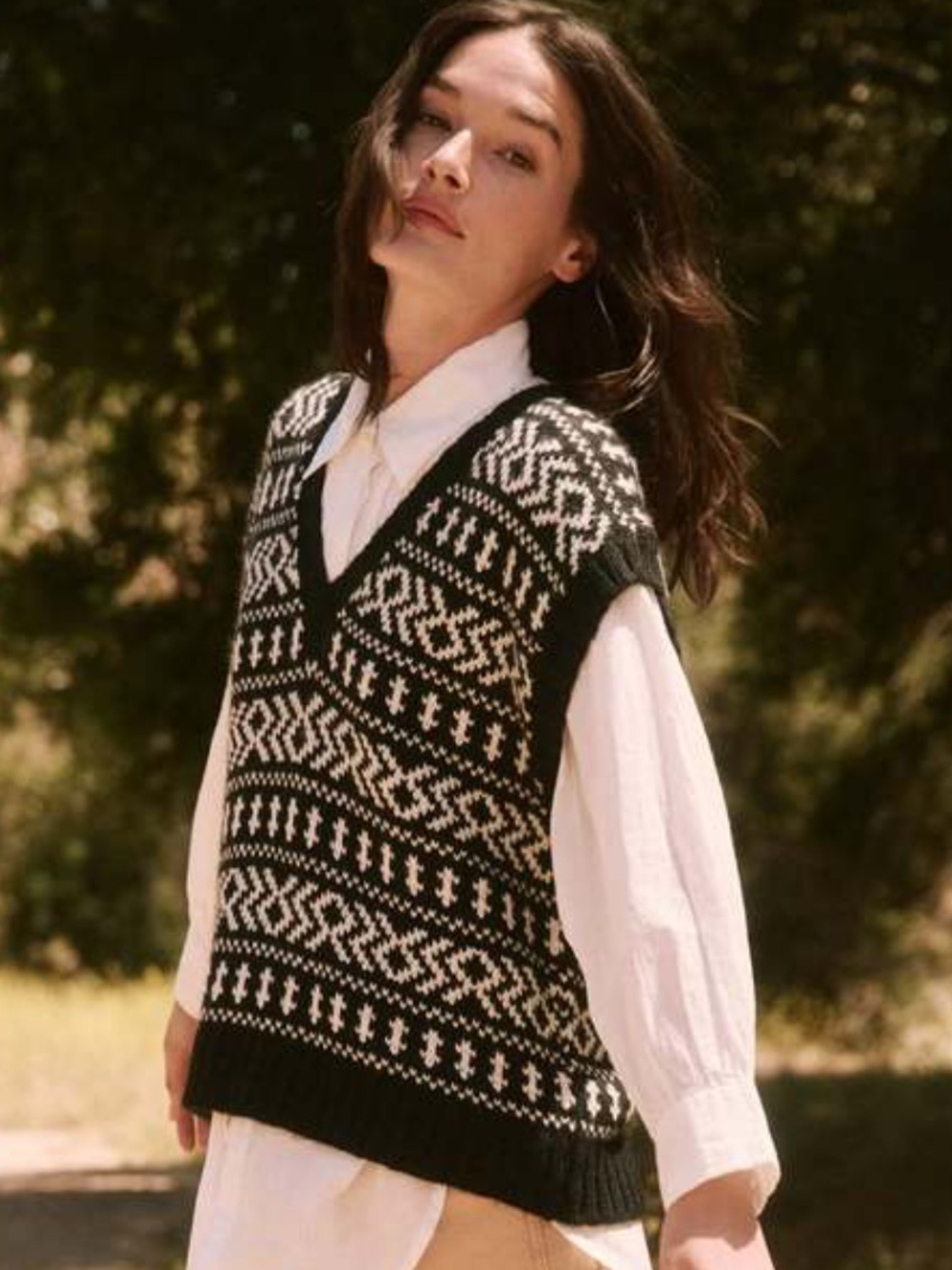 The Great Fair Isle Alpaca Wool Sweater Vest Black Ivory Medium Cozy Apres Ski